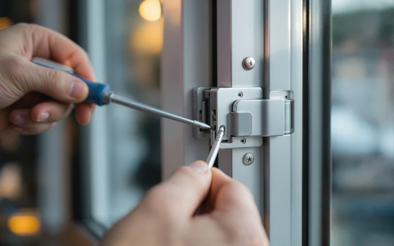Réglage des ferrures d'un châssis aluminium par un technicien